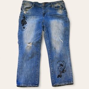Seven7 High Rise Straight Crop Women's Blue Embroidered Jeans- 20W